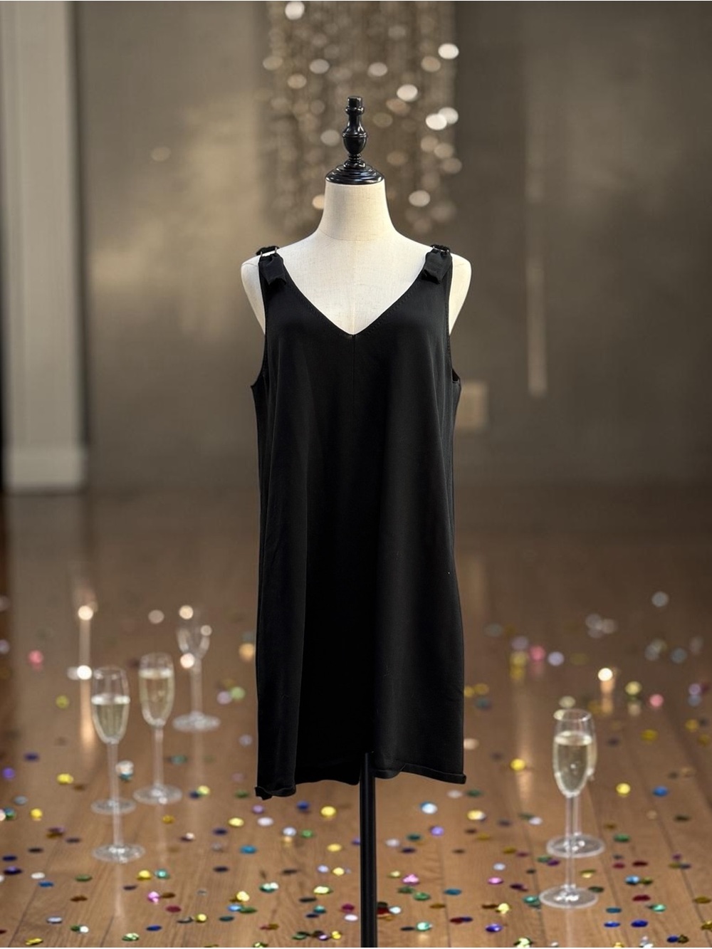 LYSSÉ Black Sleeveless Knit Dress with Metal Hardware Detail - Size Medium